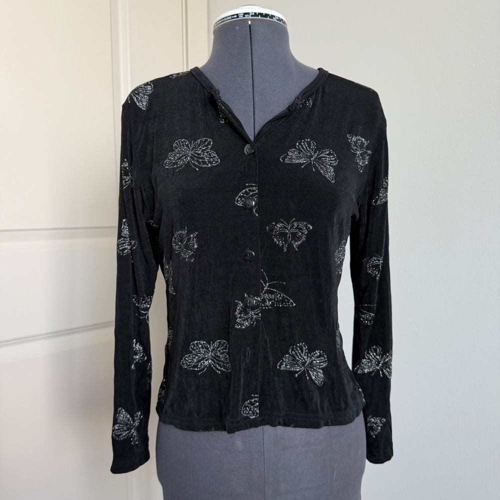 Vintage Y2K Glitter Butterfly Motif Button Front Stretch Cardigan